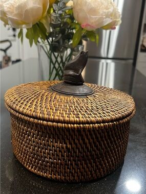 Vintage Indonesian Lombok Reed Basket with Carved Wooden Frog